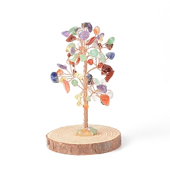 Pierre Mélangete Chips de pierres précieuses naturelles avec arbre d'argent en fil de laiton enveloppé sur des décorations d'affichage à base de bois, pour la décoration de bureau à domicile bonne chance, 51.5~75x115mm
