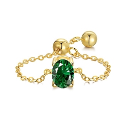 Зеленый 925 кольца-цепочки из стерлингового серебра, кольцо с камнем, с фианитами овальный для женщин, регулируемое скользящее кольцо, реальный 18 k позолоченный, зелёные, 1.2 мм, размер США 7 (17.3 мм)