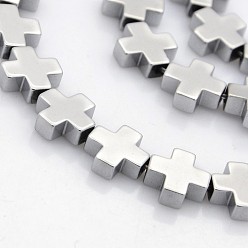 Platinum Plated Grade A Electroplate Non-magnetic Synthetic Hematite Cross Beads Strands, Platinum Plated, 10x10mm, Hole: 1mm, about 39pcs/strand, 15.4 inch