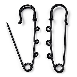 Black Spray Painted Iron Brooch Findings, Kilt Pins with Triple Loops, Black, 59x18x6mm, Hole: 2mm