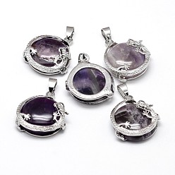 Amethyst Flat Round with Dragon Platinum Plated Brass Natural Amethyst Pendants, Cadmium Free & Lead Free, 26.5x24x9mm, Hole: 7x4mm