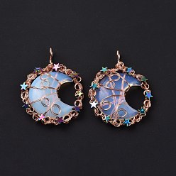 Opalite Opalite Big Pendants, with Rose Gold Tone Rack Plating Brass Findings and Star Non-magnetic Synthetic Hematite, Cadmium Free & Lead Free, Flat Round with Moon Charm, 56~58x42.5~45x10~10.5mm, Hole: 5mm