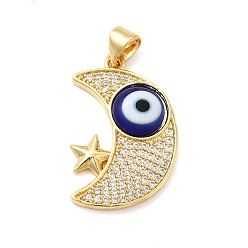 Blue Rack Plating Brass Micro Pave Clear Cubic Zirconia Pendants, with Handmade Evil Eye Lampwork, Cadmium Free & Lead Free, Long-Lasting Real 18K Gold Plated, Moon with Star Charm, Blue, 25x16.5x4mm, Hole: 5x3.5mm
