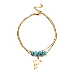 Dolphin Dyed Natural Shell Chips Charms Anklet, Golden 304 Stainless Steel Chains Double Layer Anklet, Dolphin, 8-7/8 inch(22.5cm)