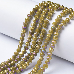 Gold Electroplate Opaque Glass Beads Strands, Full Rainbow Plated, Faceted, Rondelle, Gold, 4x3mm, Hole: 0.4mm, about 123~127pcs/strand, 16.5~16.9 inch(42~43cm)