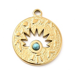 Golden Synthetic Turquoise Pendants, Flat Round Charms, Ion Plating(IP) 304 Stainless Steel Findings, Golden, 21x18x3mm, Hole: 2mm