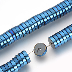 Azul Chapado Galvanoplastia perlas de hematita sintéticas no magnéticas espaciadores hilos, perlas heishi, Disco redondo plano, azul chapado, 4x2 mm, agujero: 1 mm, sobre 200 unidades / cadena, 15.7 pulgada