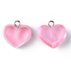 Pink Transparent Resin Pendants, with Platinum Tone Iron Loop, Heart, Pink, 16.5x17x9.5mm, Hole: 1.8mm