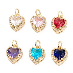 Mixed Color Brass Micro Pave Cubic Zirconia Charms, with Jump Ring, Long-Lasting Plated, Heart, Golden, Mixed Color, 12.5x10x6.5mm, Hole: 3.6mm