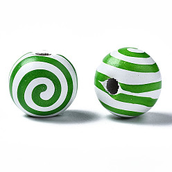 Green Painted Natural Wood European Beads, Large Hole Beads, Printed, Round with Stripe, Green, 16x15mm, Hole: 4mm