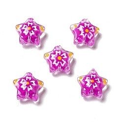 Magenta Handmade Lampwork Beads, Star with Flower Pattern, Magenta, 12~12.5x12.5~13x6~6.5mm, Hole: 0.9~1mm