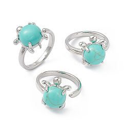 Synthetic Turquoise Synthetic Turquoise Turtle Open Cuff Ring, Platinum Brass Jewelry for Women, Inner Diameter: 16.2mm