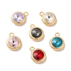 Mixed Color Glass Pendants, Rack Plating Golden Alloy Findings, Nickel Free, Flat Round Charms, Mixed Color, 15x11.5x6mm, Hole: 2mm