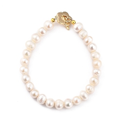 Floral White Natural Cultured Freshwater Pearl Beaded Bracelets, with Flower Brass Toggle Clasps, Golden, Floral White, 7-5/8 inch(19.5cm)