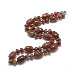 Goldstone Synthetic Goldstone Beaded Necklaces, with Alloy Lobster Clasps, Barrel, 18.1 inch~18.5  inch(46~47cm), Barrel: 14x10mm