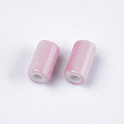 Pink Perles en porcelaine manuelles, style de porcelaine émaillée lumineux, colonne, rose, 10~10.5x6mm, Trou: 2mm