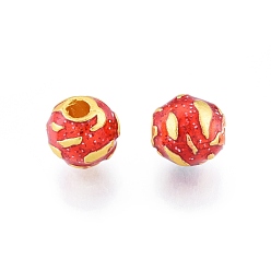 Orange Red Alloy Enamel Beads, Matte Gold Color, Round, Orange Red, 10mm, Hole: 3mm