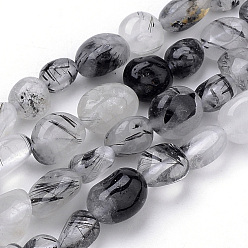 Quartz Rutilated Naturel noir quartz rutile brins de perles, ovale, 6~12x5~8x3~8mm, Trou: 1mm, Environ 50~57 pcs/chapelet, 15.7 pouce