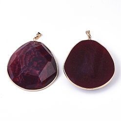 Medium Violet Red Natural Crackle Agate Big Pendants, with Light Gold Plated Brass Edge & Pinch Bails, Dyed & Heated, Oval, Faceted, Medium Violet Red, 61~62x54~55x12~14mm, Hole: 4x7mm