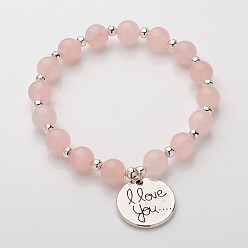 Quartz Rose Rond et plat avec i vous aime pierre naturelle bracelets de perles, avec des pendentifs en alliage de style tibétain, quartz rose, 52mm