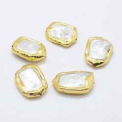 White Natural Cultured Freshwater Pearl Beads, Edge Golden Plated, Nuggets, White, 19~22.5x14~15x5~6mm, Hole: 1mm