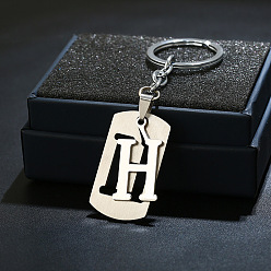 Letter H 201 брелки из нержавеющей стали, брелок для собак, с железным кольцом для ключей с платиновым напылением, прямоугольник с разделяющей буквой, letter.h, 10.5 см
