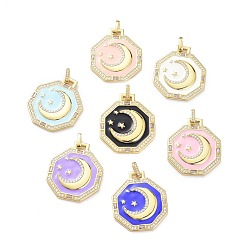 Mixed Color Brass Micro Pave Cubic Zirconia Pendants, with Enamel, Octagon with Moon & Star, Mixed Color, 33.5x29x3mm, Hole: 4x2.5mm