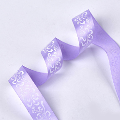 Lilac Single Face Satin Ribbon, Polyester Ribbon, Flower Pattern, Lilac, 1 inch(25mm), about 50yards/roll(45.72m/roll)