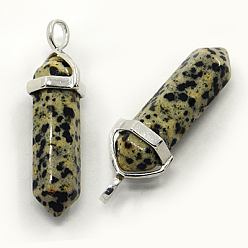 Jaspe Dalmate Pendentifs pointus à double terminaison en jaspe dalmatien naturel, avec pendentif en alliage aléatoire perle hexagonale bailss, balle, platine, 36~45x12mm, Trou: 3x5mm, pierre précieuse: 10 mm de diamètre