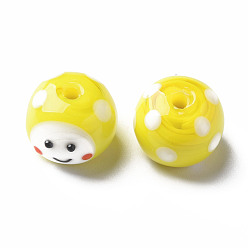 Yellow Handmade Lampwork Beads, Round with Cartoon Face, Yellow, 13~14x10mm, Hole: 2mm