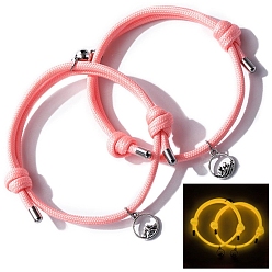 Pink 2Pcs Magnetic Round & Mountain Alloy Charms Bracelets Set, Luminous Nylon Cord Adjustable Couple Matching Bracleets for Best Friends Lovers, Pink, Inner Diameter: 2-1/2~4-7/8 inch(6.5~12.5cm)