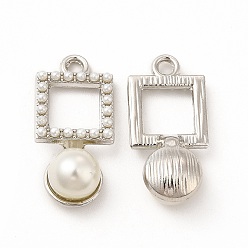 Platino Colgantes de perlas de imitación de plástico abs, con fornituras de aleación, encanto cuadrado, Platino, 25x12x8.5 mm, agujero: 2 mm