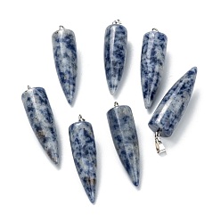 Jaspe Avec Point Bleu Pendentifs de jaspe tache bleue naturelle, avec les accessoires en laiton de platine, balle, 32~35x10~11mm, Trou: 7mm
