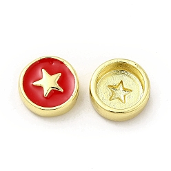 Roja Perlas de esmalte de bronce, plano y redondo con estrella, dorado, rojo, 10.8x4.6 mm, agujero: 2 mm