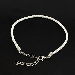 White Trendy Braided Imitation Leather Bracelet Making, with Iron Lobster Claw Clasps and End Chains, White, 200x3mm