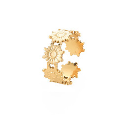 Chapado en Oro Real 18K 304 engastes de cabujón de anillo de dedo de puño abierto de acero inoxidable, flor, real 18 k chapado en oro, tamaño de EE. UU. 9 1/4 (19.1 mm), Bandeja: 2 mm