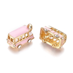 Perlas de Color Rosa Colgantes de la aleación, con esmalte y diamantes de imitación de cristal, autobús, dorado, rosa perla, 18x11x13 mm, agujero: 2.5 mm