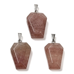 Strawberry Quartz Natural Strawberry Quartz Pendants, Faceted Hexagon Charms with Rack Plating Stainless Steel Color Plated 201 Stainless Steel Snap on Bails, Cadmium Free & Lead Free, 28.5~31x18~20x7~8mm, Hole: 3x8mm