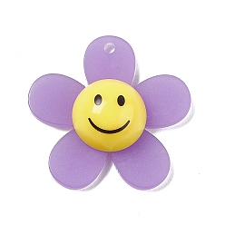 Medium Purple Frosted Translucent Acrylic Pendants, Sunflower with Smiling Face Charm, Medium Purple, 29x30x9mm, Hole: 1.8mm
