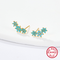 Medium Turquoise Cubic Zirconia Flower Stud Earrings, Golden 925 Sterling Silver Post Earings, Medium Turquoise, 12x5mm