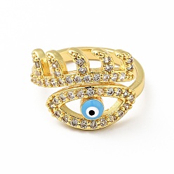 Deep Sky Blue Enamel Horse Eye Open Cuff Ring with Clear Cubic Zirconia, Gold Plated Brass Jewelry for Wome, Lead Free & Cadmium Free, Deep Sky Blue, US Size 7(17.3mm)