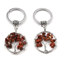 Jaspe Rouge Porte-clés rond plat en jaspe rouge naturel avec pendentif arbre de vie, avec des porte-clés en fer et des pièces en laiton, 6.5 cm