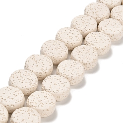 White Natural Lava Rock Beads Strands, Flat Round, Dyed, White, 14~14.5x6mm, Hole: 1.6mm, about 28pcs/strand, 15.75 inch(40cm)