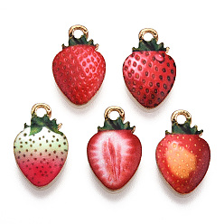 Mixed Color Printed Alloy Pendants, Lead Free & Cadmium Free & Nickel Free, Strawberry Charm, Light Gold, Mixed Color, 17x10.5x2.5mm, Hole: 1.8mm