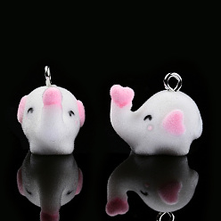 White Opaque Resin Pendants, with Platinum Tone Iron Loops, Flocky Elephant Charm, White, 19x15x21mm, Hole: 2.5mm