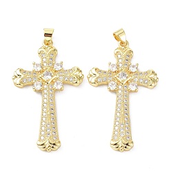 Real 18K Gold Plated Brass Micro Pave Cubic Zirconia Pendant, Long-Lasting Plated, Cross, Lead Free & Cadmium Free, Real 18K Gold Plated, 42x25x3mm, Hole: 3.5x5mm