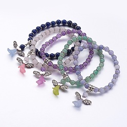 Pierre Mélangete Perles de pierres précieuses naturelles étirer bracelets de charme, avec des perles de style tibétain et perles en acrylique transparent, givré, belle robe de mariée ange dangle, couleur mixte, 2-1/8 pouces (55 mm)