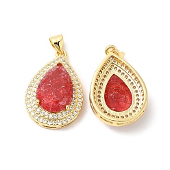 Red Real 16K Gold Plated Brass Micro Pave Cubic Zirconia Pendants, with Glass, Teardrop Charms, Red, 23.5x16x7mm, Hole: 5x3.5mm