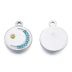 Stainless Steel Color 304 Stainless Steel Pendants, with Rhinestone, Flat Round with Moon & Star, Stainless Steel Color, 19x15.5x2.5mm, Hole: 1.6mm