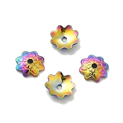 Rainbow Color Revestimiento iónico (ip) 304 tapas de cuentas de acero inoxidable, flor, multi-pétalo, color del arco iris, 7.5x7x2 mm, agujero: 2 mm